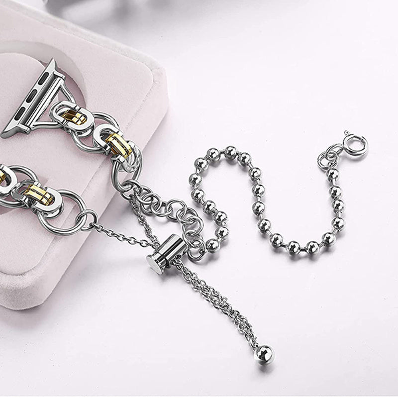 for Apple Watch Ultra 49mm / Series 8 45mm / 7 45mm / 4 / 5 / 6 / SE 44mm / SE (2022) 44mm / 1 / 2 / 3 42mm Watch Band Adjustable Stretch Jewelry Wristband Stainless Steel Watch Strap for Women Girls - Silver / Gold