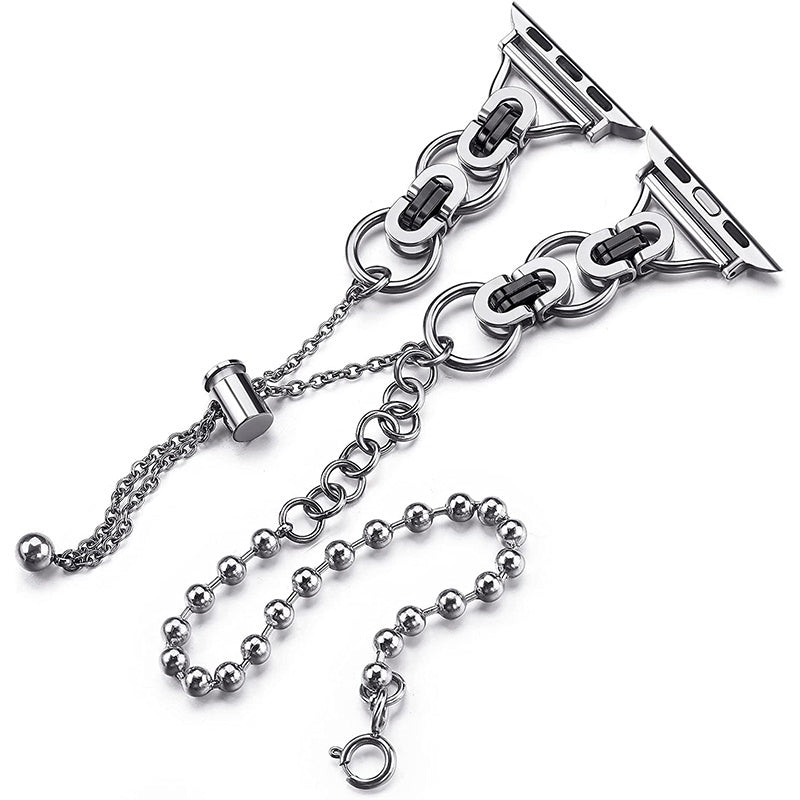 for Apple Watch Ultra 49mm / Series 8 45mm / 7 45mm / 4 / 5 / 6 / SE 44mm / SE (2022) 44mm / 1 / 2 / 3 42mm Watch Band Adjustable Stretch Jewelry Wristband Stainless Steel Watch Strap for Women Girls - Silver / Black