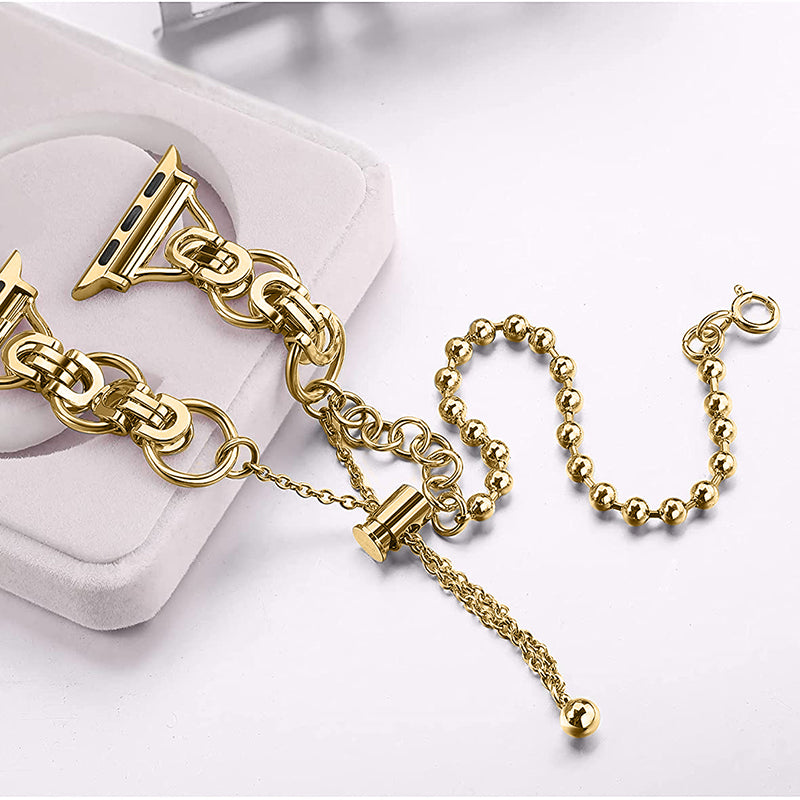 for Apple Watch Ultra 49mm / Series 8 45mm / 7 45mm / 4 / 5 / 6 / SE 44mm / SE (2022) 44mm / 1 / 2 / 3 42mm Watch Band Adjustable Stretch Jewelry Wristband Stainless Steel Watch Strap for Women Girls - Gold