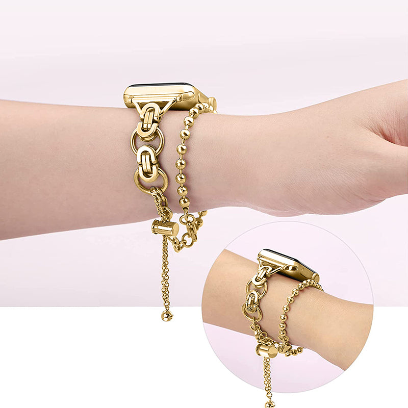 for Apple Watch Ultra 49mm / Series 8 45mm / 7 45mm / 4 / 5 / 6 / SE 44mm / SE (2022) 44mm / 1 / 2 / 3 42mm Watch Band Adjustable Stretch Jewelry Wristband Stainless Steel Watch Strap for Women Girls - Gold