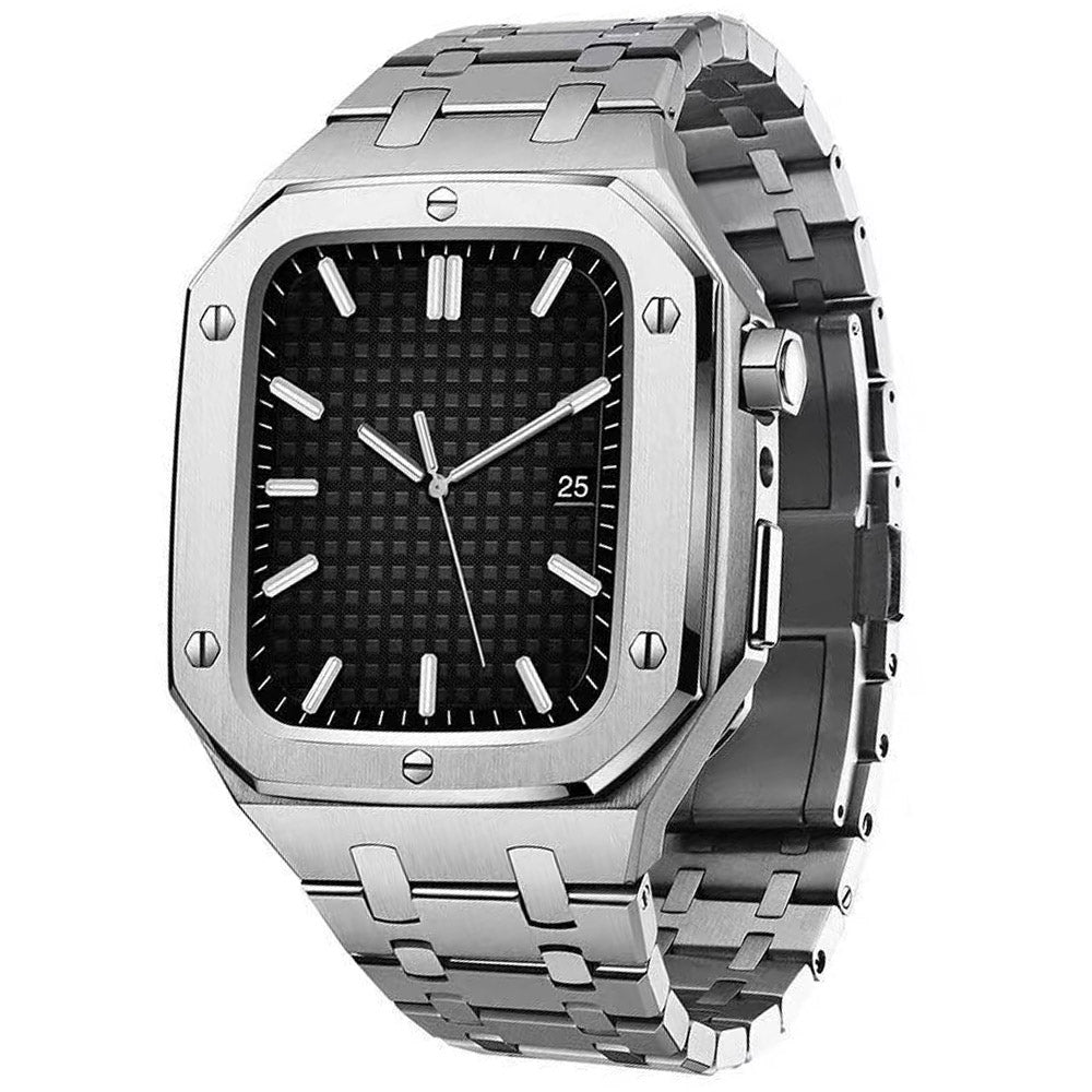 For Apple Watch Series 8 / 7 45mm Stainless Steel Watch Band Watch Strap + Anti-drop Protective Case - Silver