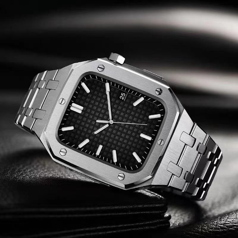 For Apple Watch Series 8 / 7 45mm Stainless Steel Watch Band Watch Strap + Anti-drop Protective Case - Silver