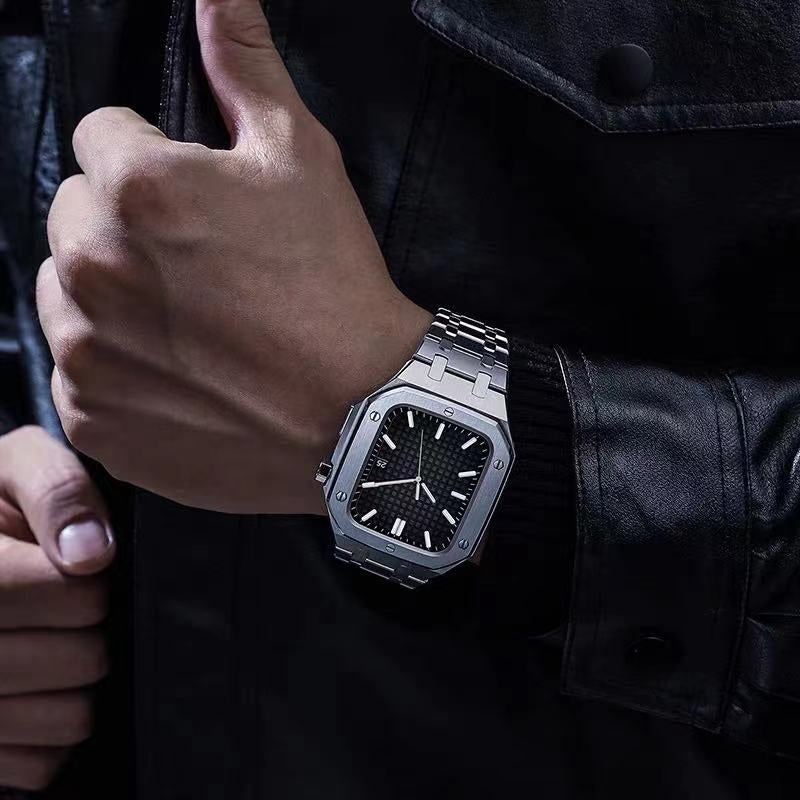 For Apple Watch Series 8 / 7 45mm Stainless Steel Watch Band Watch Strap + Anti-drop Protective Case - Silver