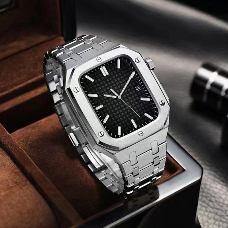 For Apple Watch Series 8 / 7 45mm Stainless Steel Watch Band Watch Strap + Anti-drop Protective Case - Silver