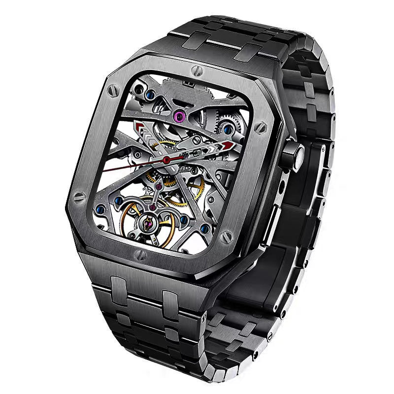 For Apple Watch Series 8 / 7 45mm Stainless Steel Watch Band Watch Strap + Anti-drop Protective Case - Black