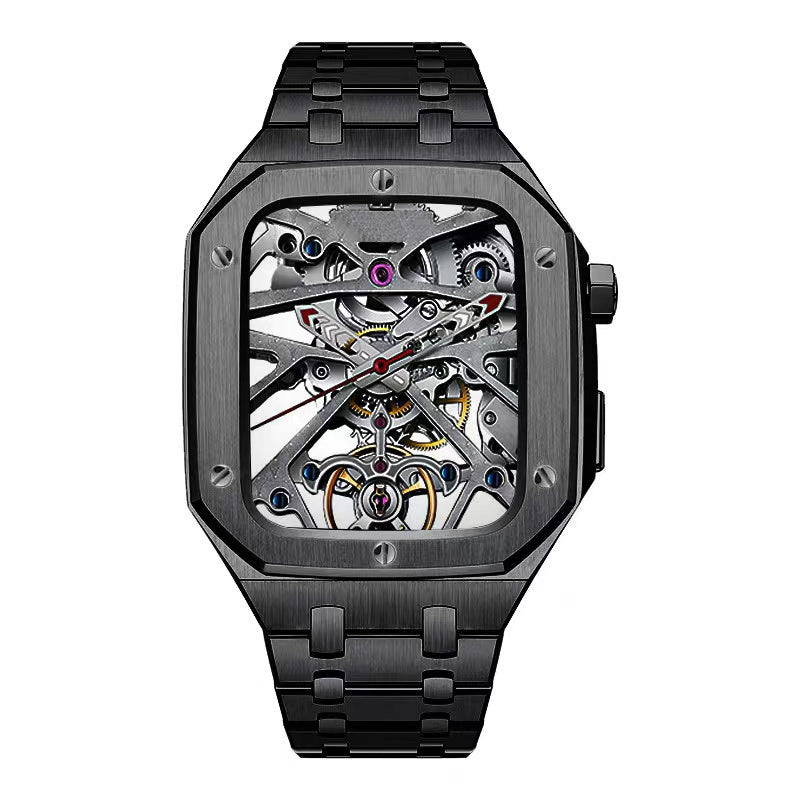 For Apple Watch Series 8 / 7 45mm Stainless Steel Watch Band Watch Strap + Anti-drop Protective Case - Black