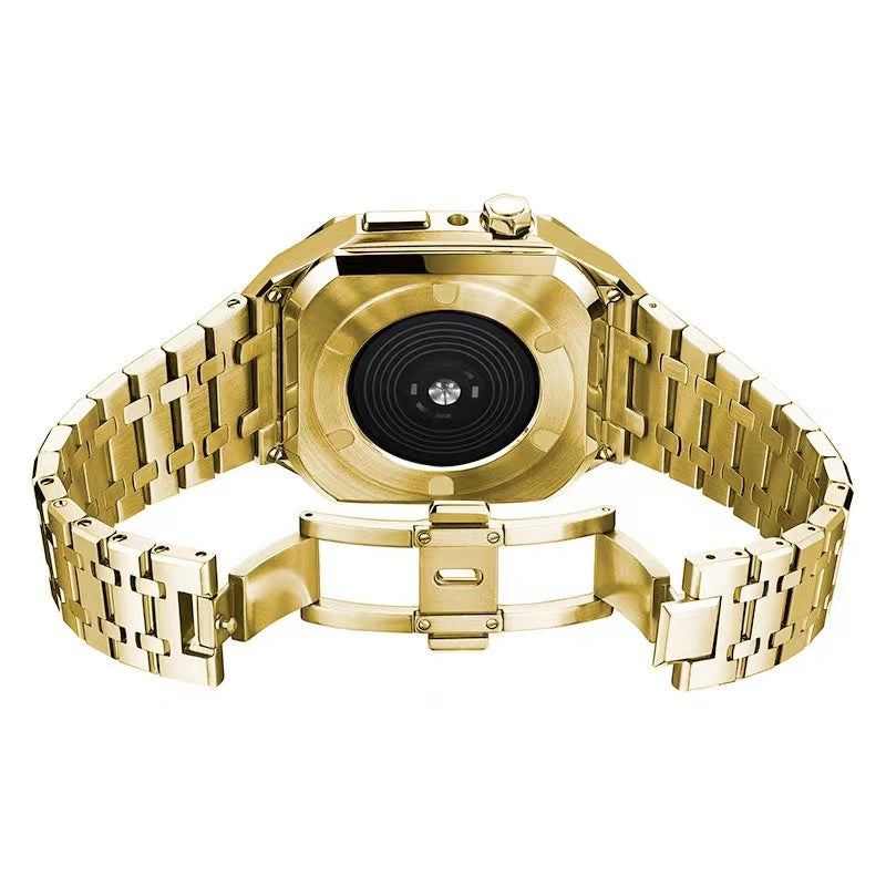 For Apple Watch Series 8 / 7 45mm Stainless Steel Watch Band Watch Strap + Anti-drop Protective Case - Gold