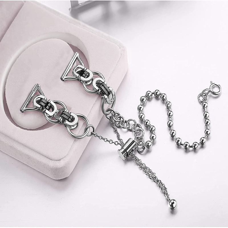 for Samsung Galaxy Watch4 Active 40mm 44mm/Watch4 Classic 46mm 42mm Dual Circle Hollow Out Bead Decor Watch Band Stainless Steel Bracelet Wristband Strap - Silver and Black