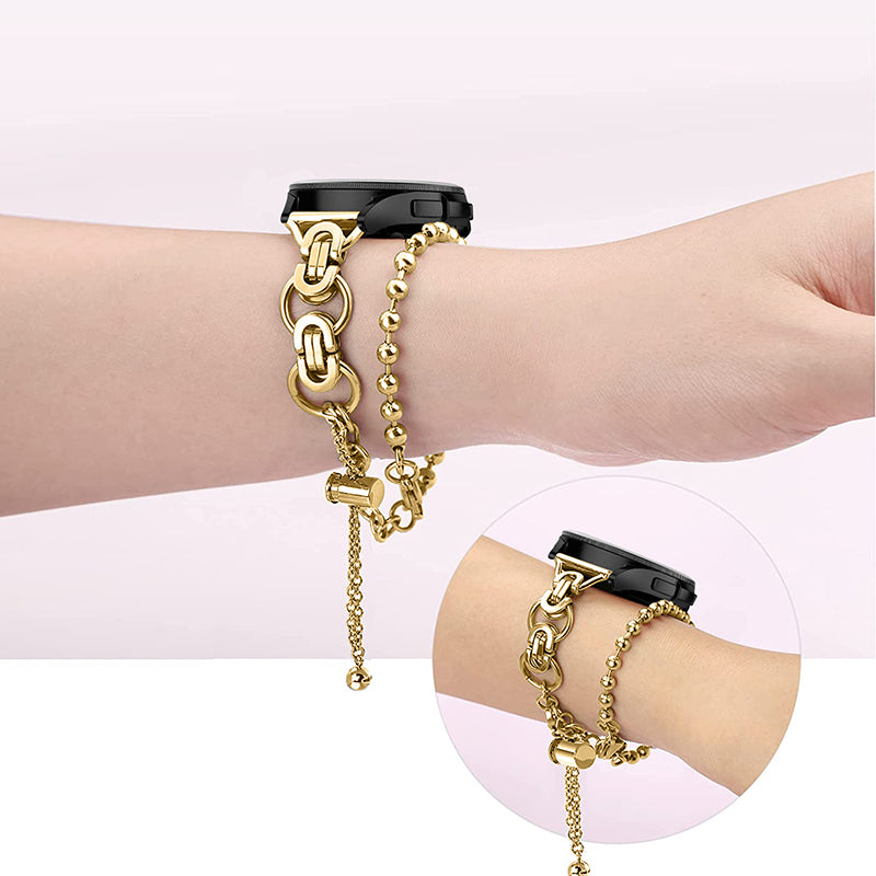 for Samsung Galaxy Watch4 Active 40mm 44mm/Watch4 Classic 46mm 42mm Dual Circle Hollow Out Bead Decor Watch Band Stainless Steel Bracelet Wristband Strap - Gold