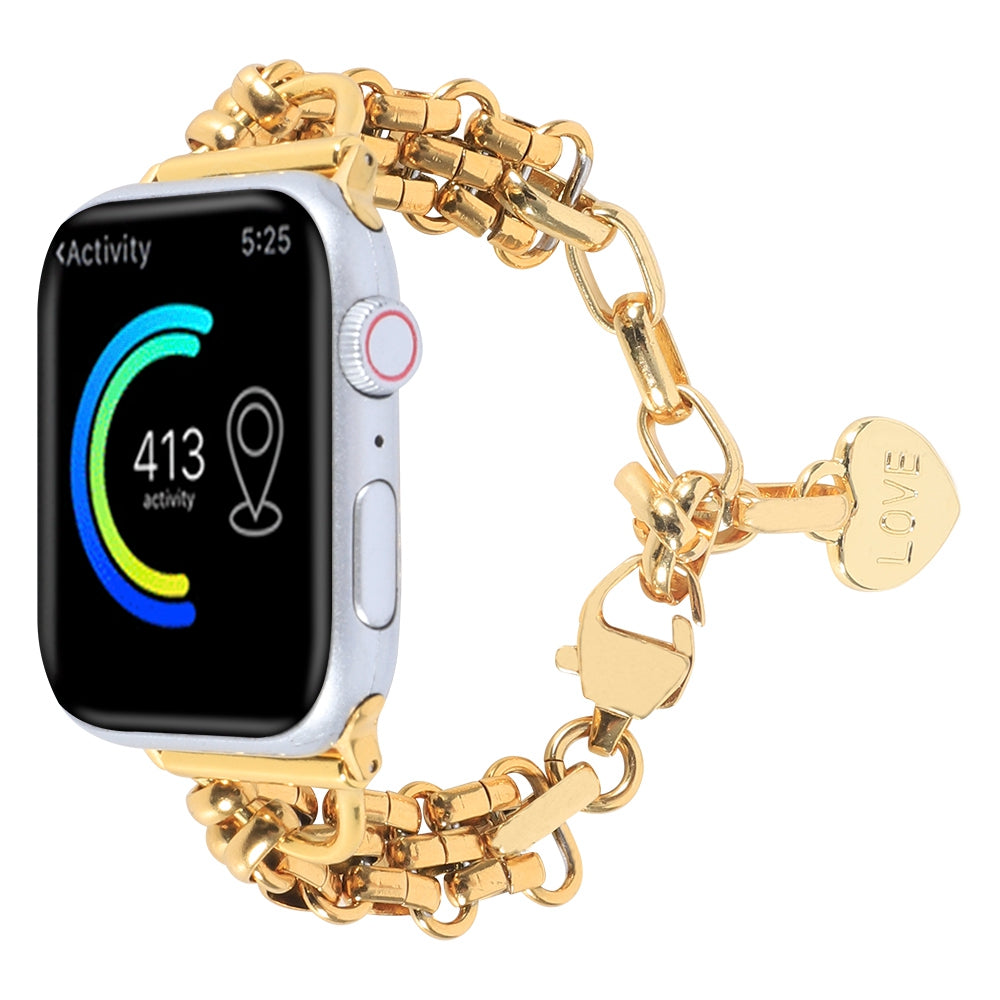 for Apple Watch Series 8 41mm / Series 7 41mm / 6 / 5 / 4 / SE / SE(2022) 40mm / 3 / 2 / 1 38mm Three Row Stainless Steel Watch Band Wrist Strap with Heart Shape Pendant - Gold