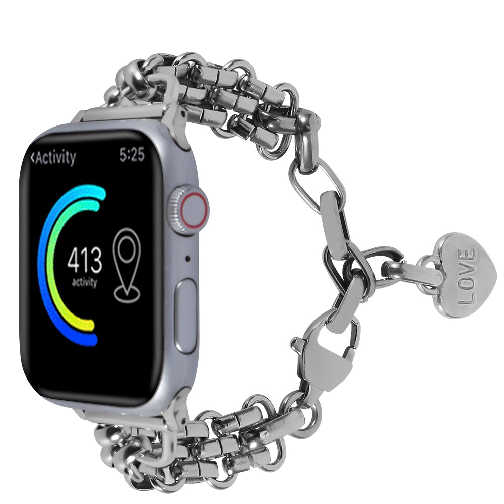 for Apple Watch Series 8 41mm / Series 7 41mm / 6 / 5 / 4 / SE / SE(2022) 40mm / 3 / 2 / 1 38mm Three Row Stainless Steel Watch Band Wrist Strap with Heart Shape Pendant - Silver
