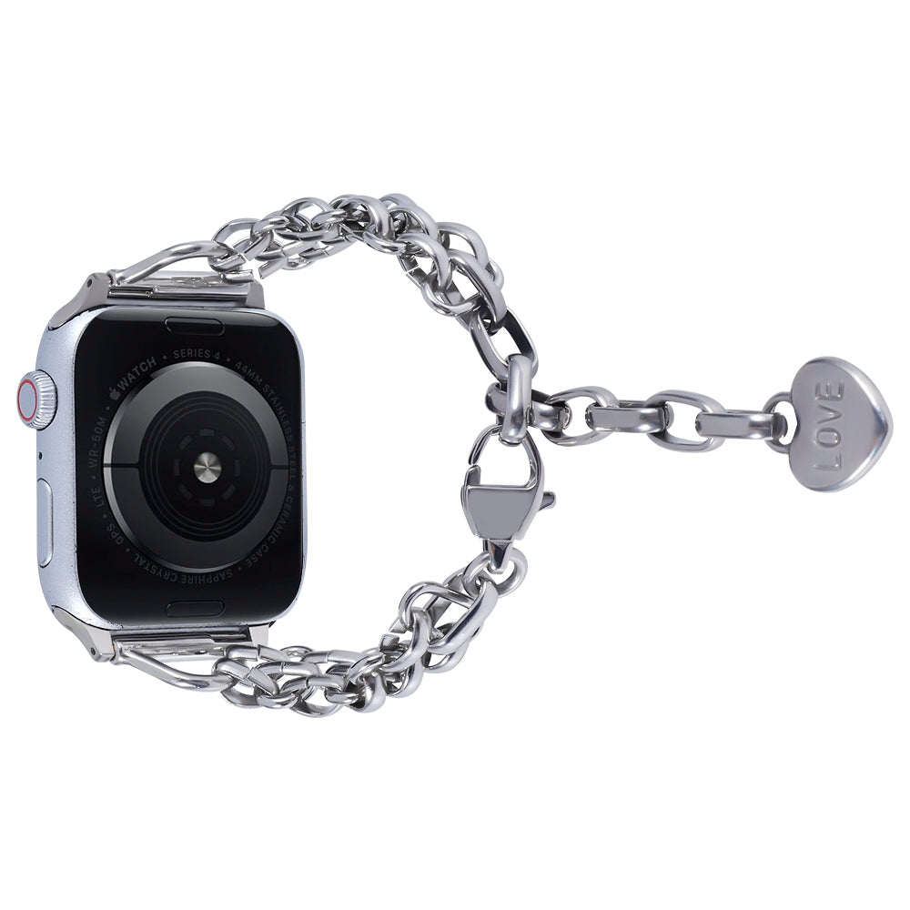 for Apple Watch Ultra 49mm / Series 8 45mm / 7 45mm / 6 / 5 / 4 / SE 44mm / SE (2022) 44mm / 3 / 2 / 1 42mm Three Row Watch Strap Stainless Steel Wrist Band Bracelet with Heart Shape Pendant - Silver