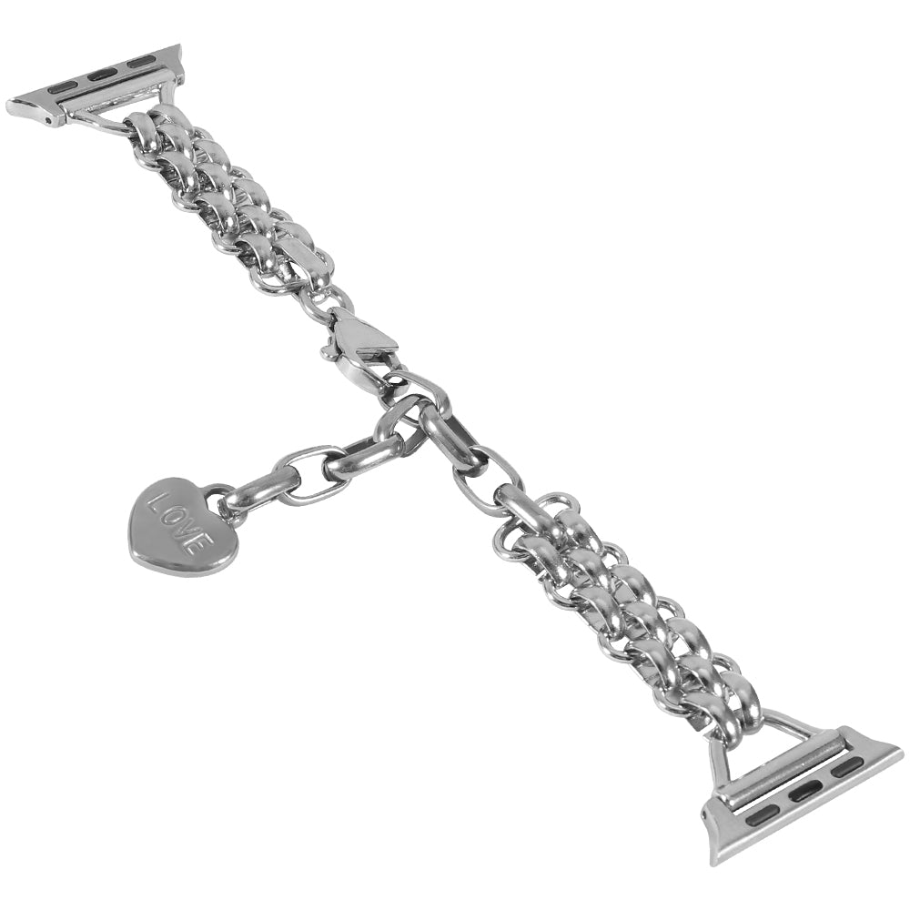 for Apple Watch Ultra 49mm / Series 8 45mm / 7 45mm / 6 / 5 / 4 / SE 44mm / SE (2022) 44mm / 3 / 2 / 1 42mm Three Row Watch Strap Stainless Steel Wrist Band Bracelet with Heart Shape Pendant - Silver