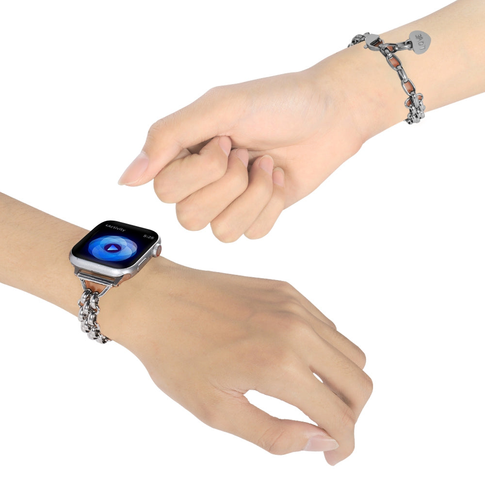 for Apple Watch Ultra 49mm / Series 8 45mm / 7 45mm / 6 / 5 / 4 / SE 44mm / SE (2022) 44mm / 3 / 2 / 1 42mm Three Row Watch Strap Stainless Steel Wrist Band Bracelet with Heart Shape Pendant - Silver