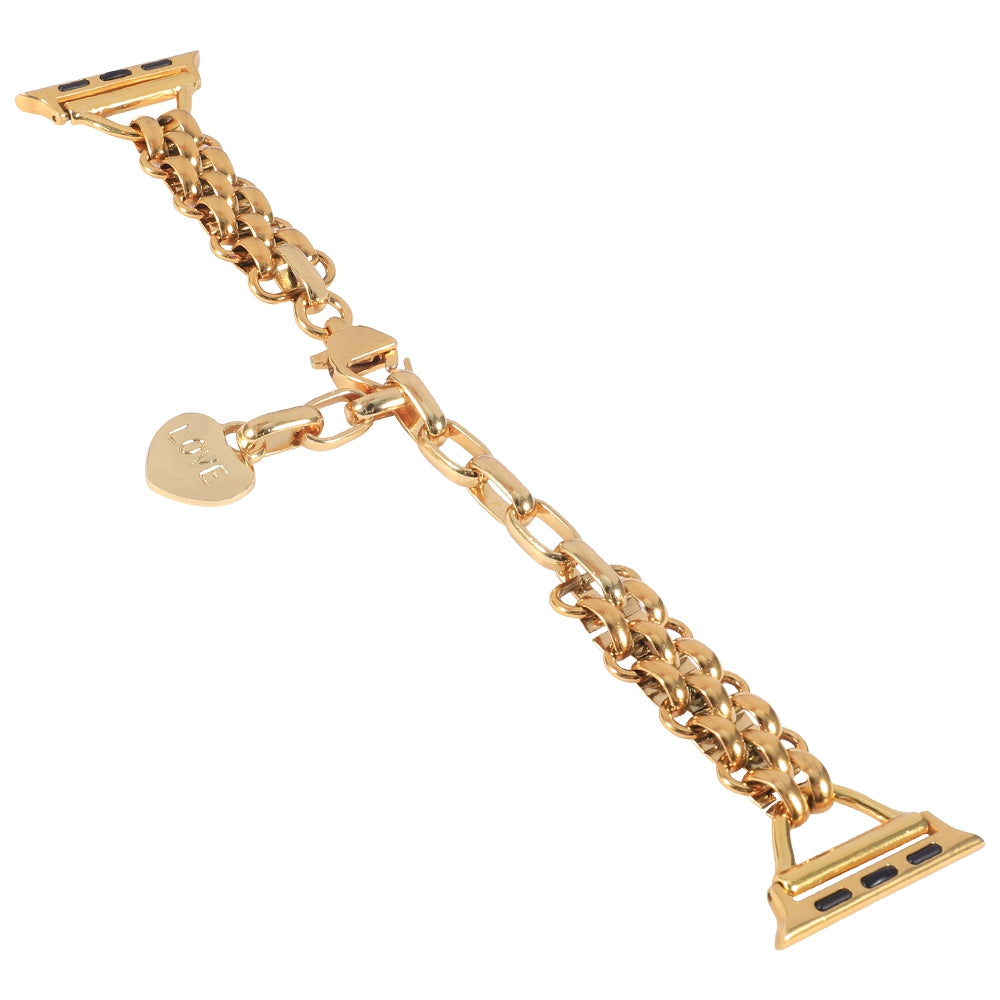 for Apple Watch Ultra 49mm / Series 8 45mm / 7 45mm / 6 / 5 / 4 / SE 44mm / SE (2022) 44mm / 3 / 2 / 1 42mm Three Row Watch Strap Stainless Steel Wrist Band Bracelet with Heart Shape Pendant - Gold