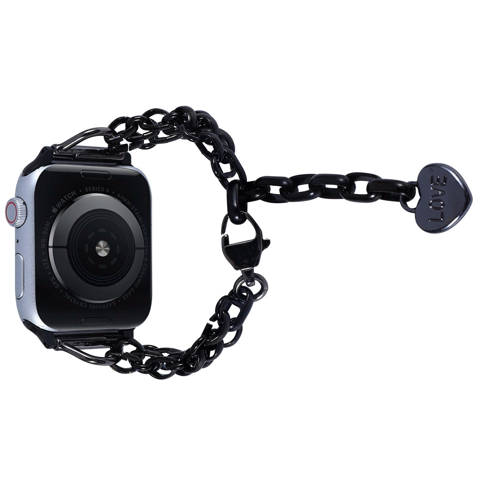 for Apple Watch Ultra 49mm / Series 8 45mm / 7 45mm / 6 / 5 / 4 / SE 44mm / SE (2022) 44mm / 3 / 2 / 1 42mm Three Row Watch Strap Stainless Steel Wrist Band Bracelet with Heart Shape Pendant - Black