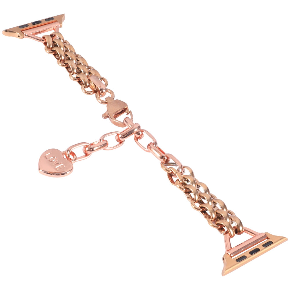 for Apple Watch Ultra 49mm / Series 8 45mm / 7 45mm / 6 / 5 / 4 / SE 44mm / SE (2022) 44mm / 3 / 2 / 1 42mm Three Row Watch Strap Stainless Steel Wrist Band Bracelet with Heart Shape Pendant - Rose Gold