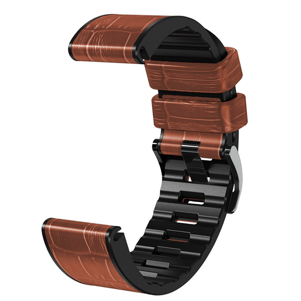 For Garmin Fenix 7X/6X Pro/Tactix 7 26mm Crocodile Texture Leather Coated Silicone Watchband Wrist Strap Replacement - Brown