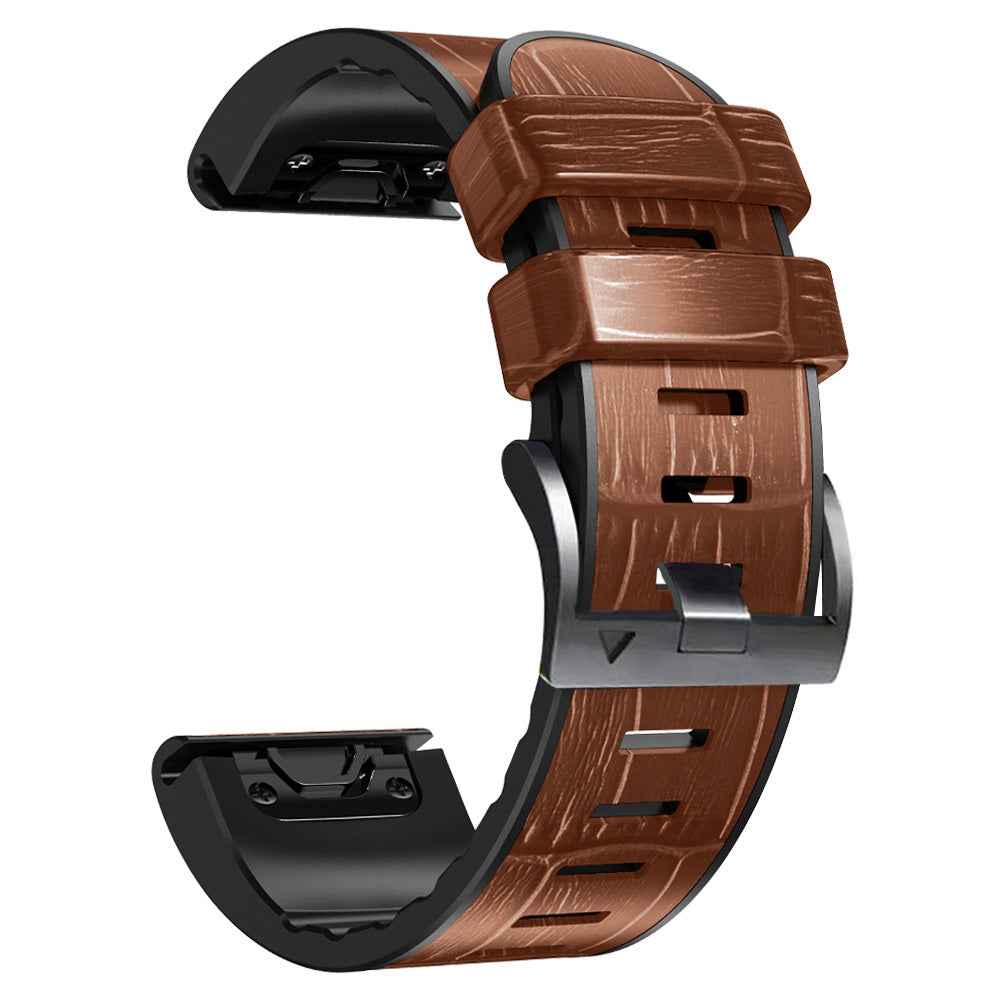 For Garmin Fenix 7X/6X Pro/Tactix 7 26mm Crocodile Texture Leather Coated Silicone Watchband Wrist Strap Replacement - Brown