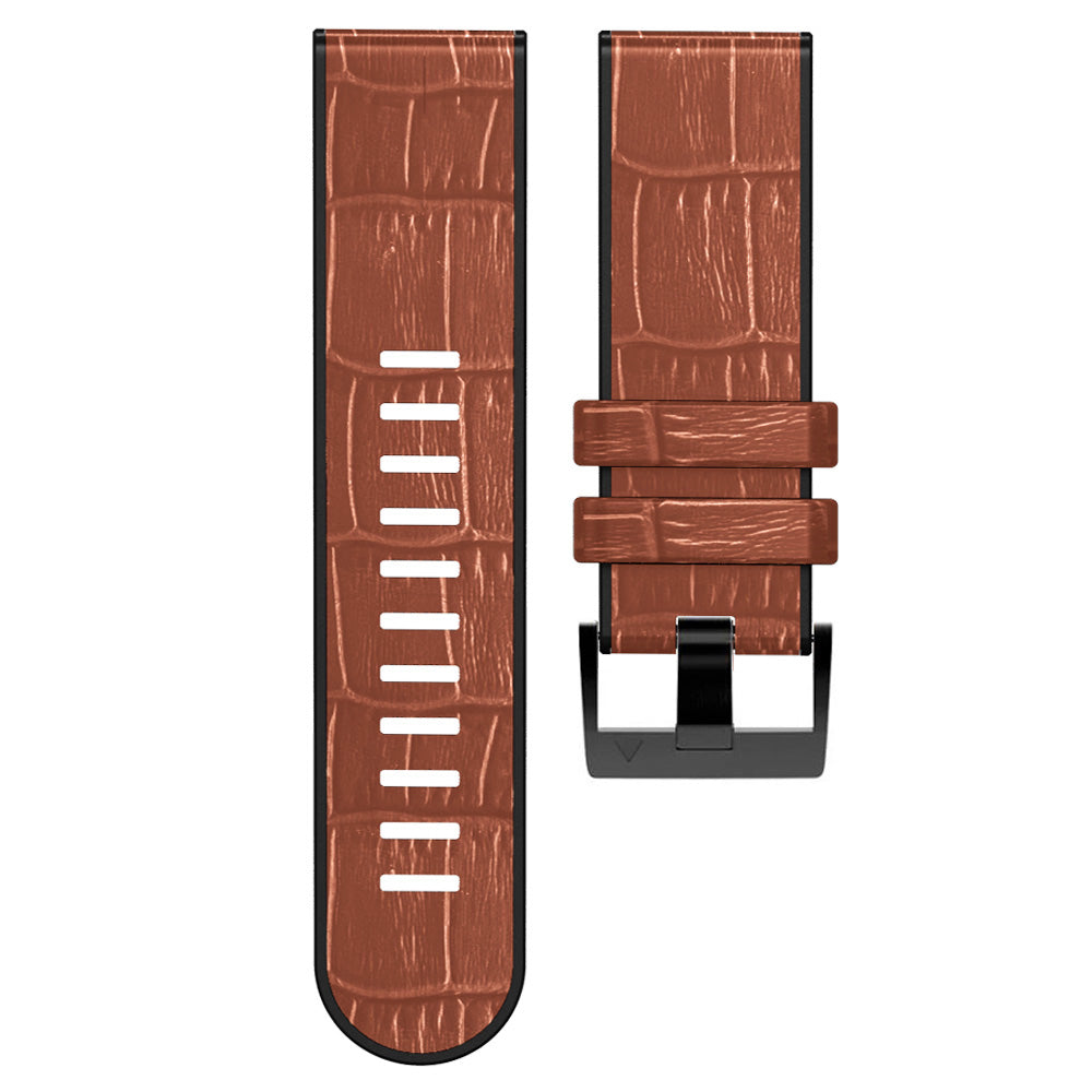 For Garmin Fenix 7X/6X Pro/Tactix 7 26mm Crocodile Texture Leather Coated Silicone Watchband Wrist Strap Replacement - Brown