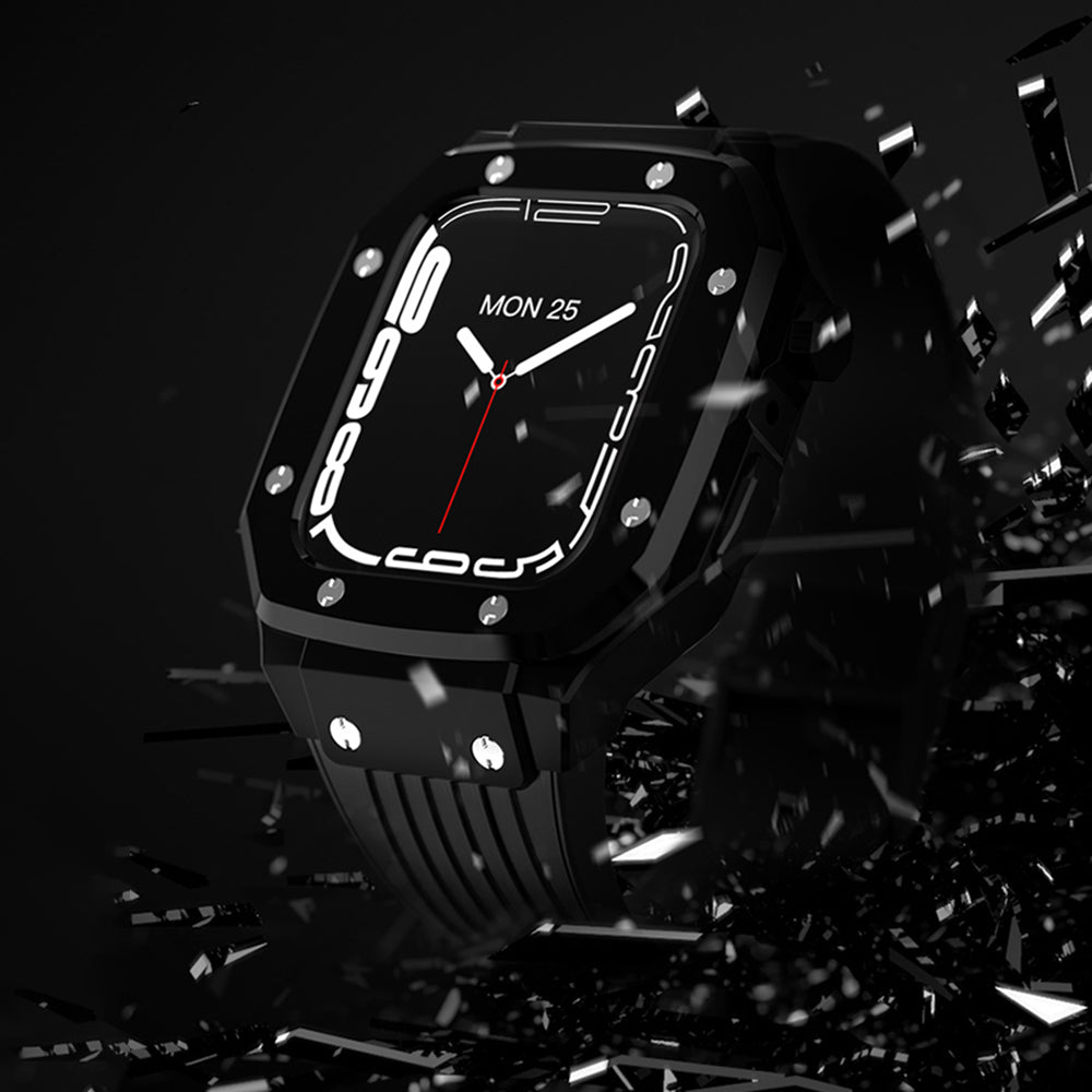 for Apple Watch Series 7 45mm / SE 44mm / SE (2022) 44mm / Series 4 / 5 / 6 44mm Anti-scratch Silicone Wrist Strap One-piece Watch Band + Metal Watch Case - Black