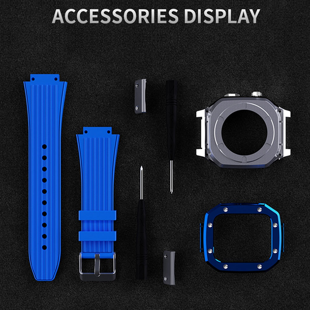for Apple Watch Series 7 45mm / SE 44mm / SE (2022) 44mm / Series 4 / 5 / 6 44mm Anti-scratch Silicone Wrist Strap One-piece Watch Band + Metal Watch Case - Blue