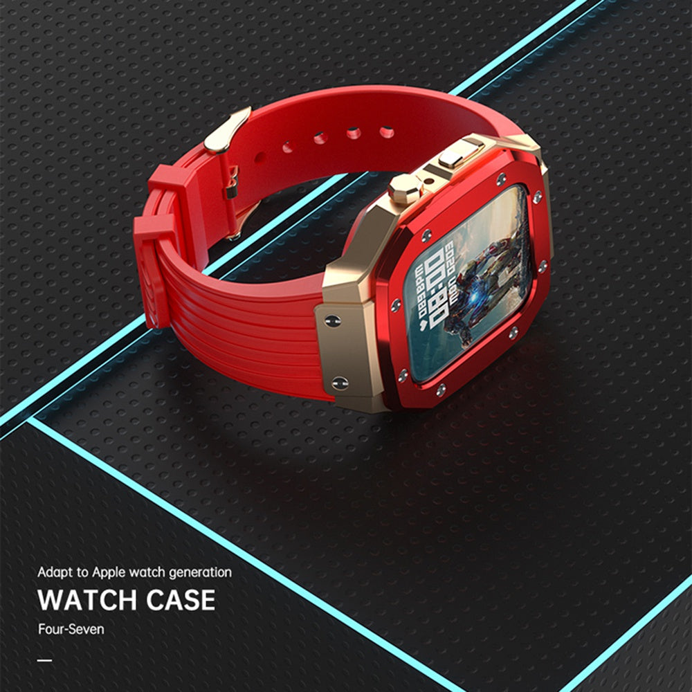 for Apple Watch Series 7 45mm / SE 44mm / SE (2022) 44mm / Series 4 / 5 / 6 44mm Anti-scratch Silicone Wrist Strap One-piece Watch Band + Metal Watch Case - Red