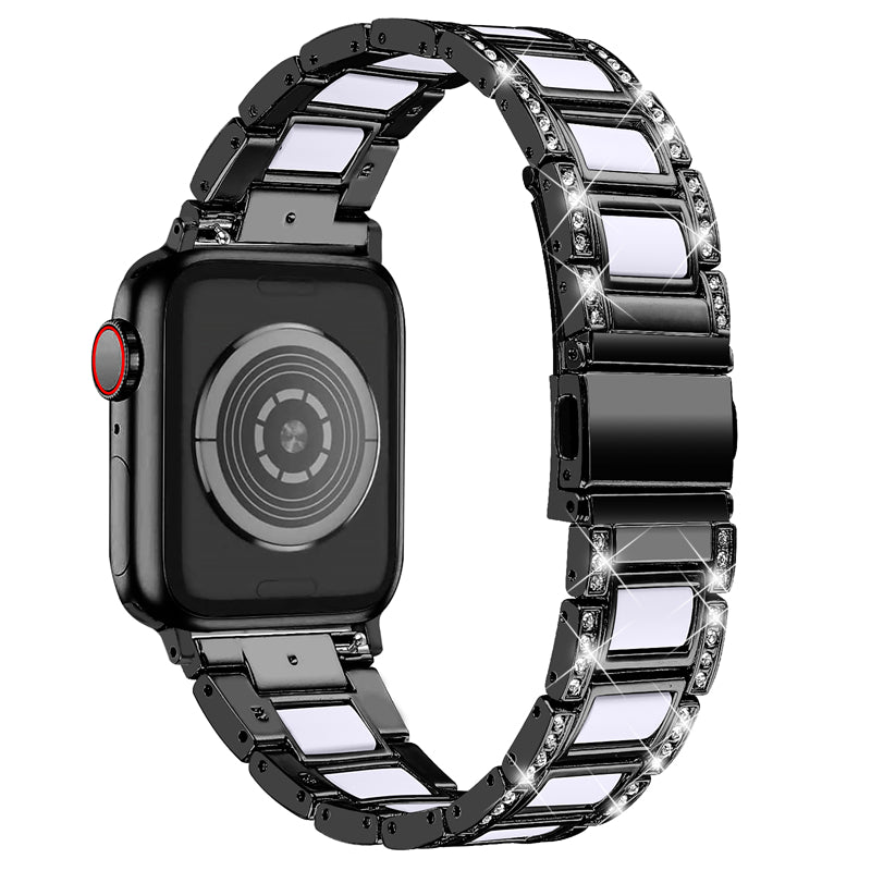 for Apple Watch Series 8 41mm / Series 7 41mm / SE / SE(2022) / Series 6 / 5 / 4 40mm / Series 3 / 2 / 1 38mm Fashionable Stainless Steel Resin Watch Band Rhinestone Decor Wrist Strap with Folding Buckle - Black / White