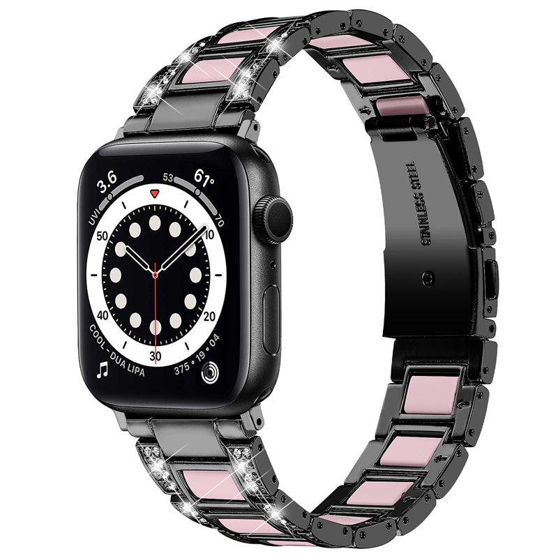 for Apple Watch Series 8 41mm / Series 7 41mm / SE / SE(2022) / Series 6 / 5 / 4 40mm / Series 3 / 2 / 1 38mm Fashionable Stainless Steel Resin Watch Band Rhinestone Decor Wrist Strap with Folding Buckle - Black / Pink