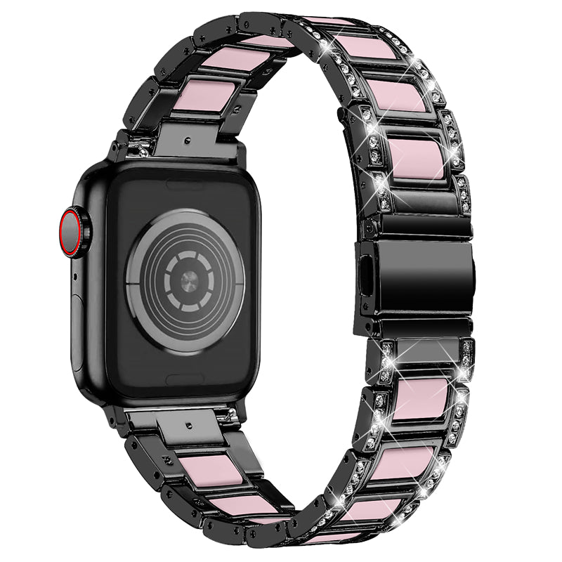 for Apple Watch Series 8 41mm / Series 7 41mm / SE / SE(2022) / Series 6 / 5 / 4 40mm / Series 3 / 2 / 1 38mm Fashionable Stainless Steel Resin Watch Band Rhinestone Decor Wrist Strap with Folding Buckle - Black / Pink