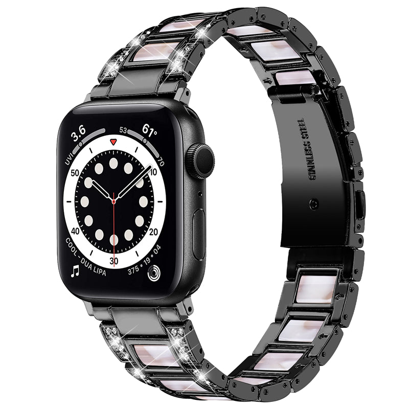 for Apple Watch Series 8 41mm / Series 7 41mm / SE / SE(2022) / Series 6 / 5 / 4 40mm / Series 3 / 2 / 1 38mm Fashionable Stainless Steel Resin Watch Band Rhinestone Decor Wrist Strap with Folding Buckle - Black / Pink Mix