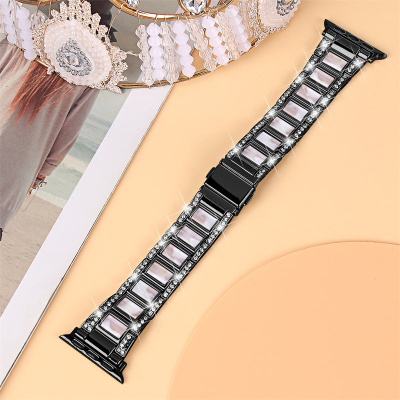 for Apple Watch Series 8 41mm / Series 7 41mm / SE / SE(2022) / Series 6 / 5 / 4 40mm / Series 3 / 2 / 1 38mm Fashionable Stainless Steel Resin Watch Band Rhinestone Decor Wrist Strap with Folding Buckle - Black / Pink Mix