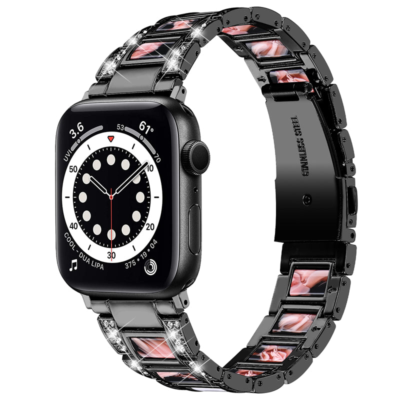 for Apple Watch Series 8 41mm / Series 7 41mm / SE / SE(2022) / Series 6 / 5 / 4 40mm / Series 3 / 2 / 1 38mm Fashionable Stainless Steel Resin Watch Band Rhinestone Decor Wrist Strap with Folding Buckle - Black / Black Pink Mix