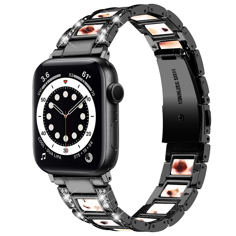 for Apple Watch Series 8 41mm / Series 7 41mm / SE / SE(2022) / Series 6 / 5 / 4 40mm / Series 3 / 2 / 1 38mm Fashionable Stainless Steel Resin Watch Band Rhinestone Decor Wrist Strap with Folding Buckle - Black / Nougat Pattern