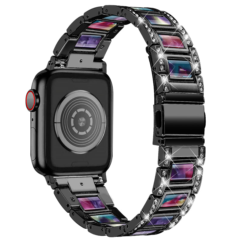 for Apple Watch Series 8 41mm / Series 7 41mm / SE / SE(2022) / Series 6 / 5 / 4 40mm / Series 3 / 2 / 1 38mm Fashionable Stainless Steel Resin Watch Band Rhinestone Decor Wrist Strap with Folding Buckle - Black / Purple Green Mix