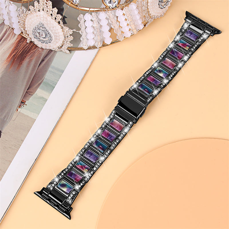 for Apple Watch Series 8 41mm / Series 7 41mm / SE / SE(2022) / Series 6 / 5 / 4 40mm / Series 3 / 2 / 1 38mm Fashionable Stainless Steel Resin Watch Band Rhinestone Decor Wrist Strap with Folding Buckle - Black / Purple Green Mix