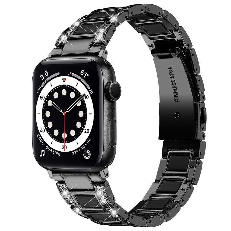 for Apple Watch Series 8 41mm / Series 7 41mm / SE / SE(2022) / Series 6 / 5 / 4 40mm / Series 3 / 2 / 1 38mm Fashionable Stainless Steel Resin Watch Band Rhinestone Decor Wrist Strap with Folding Buckle - Black