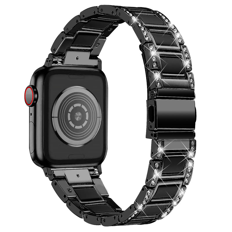 for Apple Watch Series 8 41mm / Series 7 41mm / SE / SE(2022) / Series 6 / 5 / 4 40mm / Series 3 / 2 / 1 38mm Fashionable Stainless Steel Resin Watch Band Rhinestone Decor Wrist Strap with Folding Buckle - Black