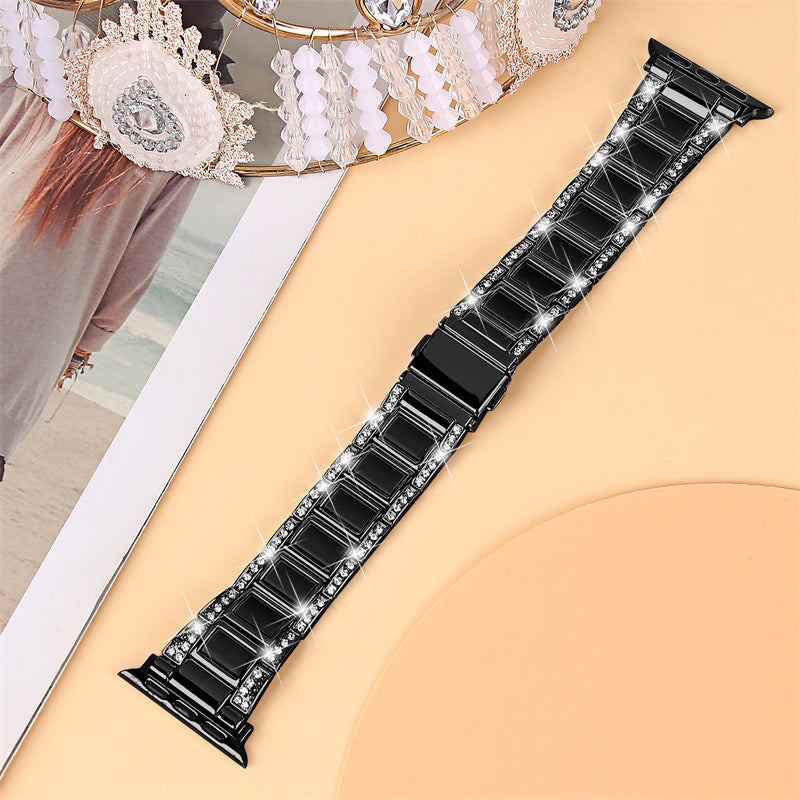 for Apple Watch Series 8 41mm / Series 7 41mm / SE / SE(2022) / Series 6 / 5 / 4 40mm / Series 3 / 2 / 1 38mm Fashionable Stainless Steel Resin Watch Band Rhinestone Decor Wrist Strap with Folding Buckle - Black
