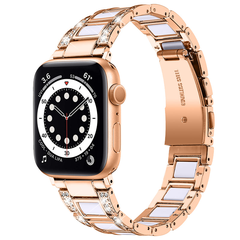 for Apple Watch Series 8 41mm / Series 7 41mm / SE / SE(2022) / Series 6 / 5 / 4 40mm / Series 3 / 2 / 1 38mm Fashionable Stainless Steel Resin Watch Band Rhinestone Decor Wrist Strap with Folding Buckle - Rose Gold / White