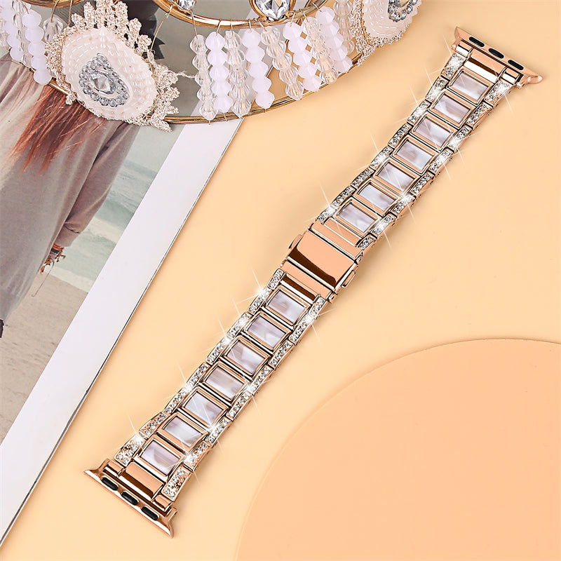 for Apple Watch Series 8 41mm / Series 7 41mm / SE / SE(2022) / Series 6 / 5 / 4 40mm / Series 3 / 2 / 1 38mm Fashionable Stainless Steel Resin Watch Band Rhinestone Decor Wrist Strap with Folding Buckle - Rose Gold / Pink Mix