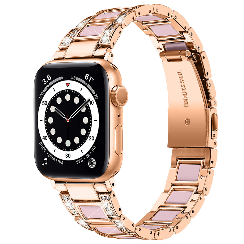 for Apple Watch Series 8 41mm / Series 7 41mm / SE / SE(2022) / Series 6 / 5 / 4 40mm / Series 3 / 2 / 1 38mm Fashionable Stainless Steel Resin Watch Band Rhinestone Decor Wrist Strap with Folding Buckle - Rose Gold / Pink