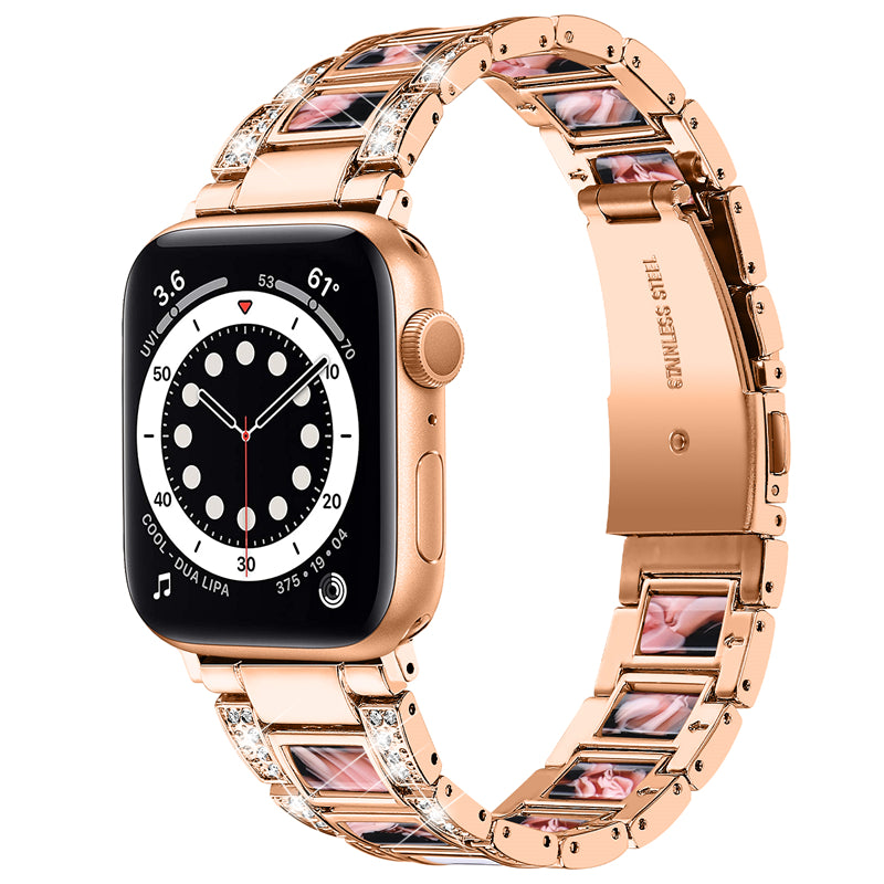 for Apple Watch Series 8 41mm / Series 7 41mm / SE / SE(2022) / Series 6 / 5 / 4 40mm / Series 3 / 2 / 1 38mm Fashionable Stainless Steel Resin Watch Band Rhinestone Decor Wrist Strap with Folding Buckle - Rose Gold / Black Pink Mix