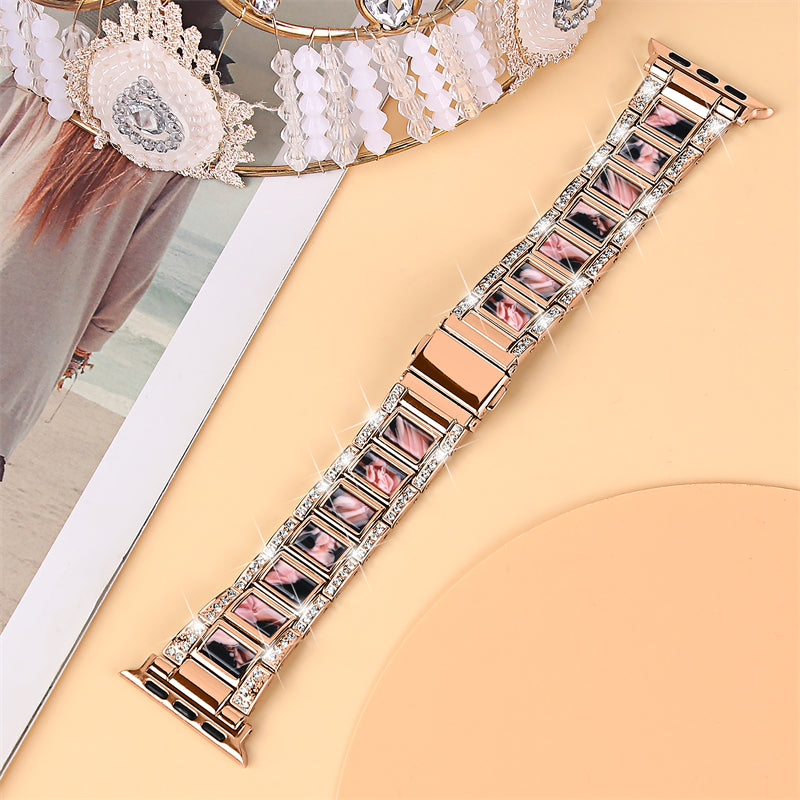 for Apple Watch Series 8 41mm / Series 7 41mm / SE / SE(2022) / Series 6 / 5 / 4 40mm / Series 3 / 2 / 1 38mm Fashionable Stainless Steel Resin Watch Band Rhinestone Decor Wrist Strap with Folding Buckle - Rose Gold / Black Pink Mix