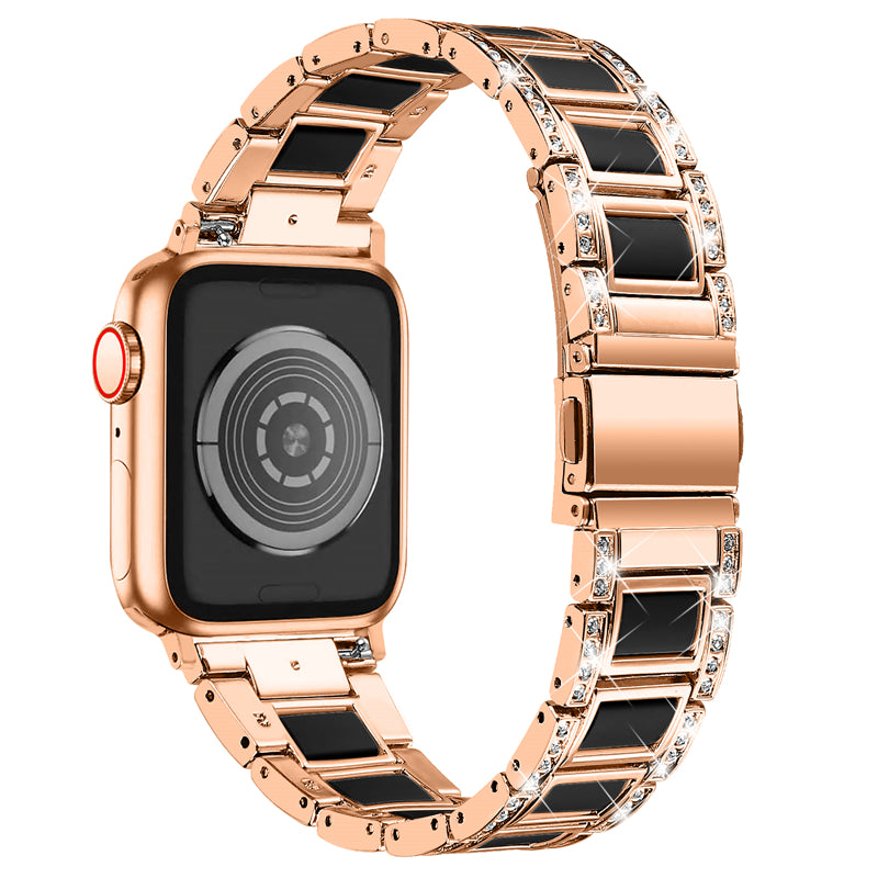 for Apple Watch Series 8 41mm / Series 7 41mm / SE / SE(2022) / Series 6 / 5 / 4 40mm / Series 3 / 2 / 1 38mm Fashionable Stainless Steel Resin Watch Band Rhinestone Decor Wrist Strap with Folding Buckle - Rose Gold / Black