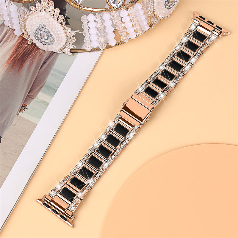 for Apple Watch Series 8 41mm / Series 7 41mm / SE / SE(2022) / Series 6 / 5 / 4 40mm / Series 3 / 2 / 1 38mm Fashionable Stainless Steel Resin Watch Band Rhinestone Decor Wrist Strap with Folding Buckle - Rose Gold / Black