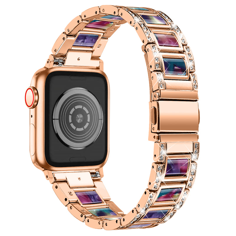 for Apple Watch Series 8 41mm / Series 7 41mm / SE / SE(2022) / Series 6 / 5 / 4 40mm / Series 3 / 2 / 1 38mm Fashionable Stainless Steel Resin Watch Band Rhinestone Decor Wrist Strap with Folding Buckle - Rose Gold / Purple Green Mix