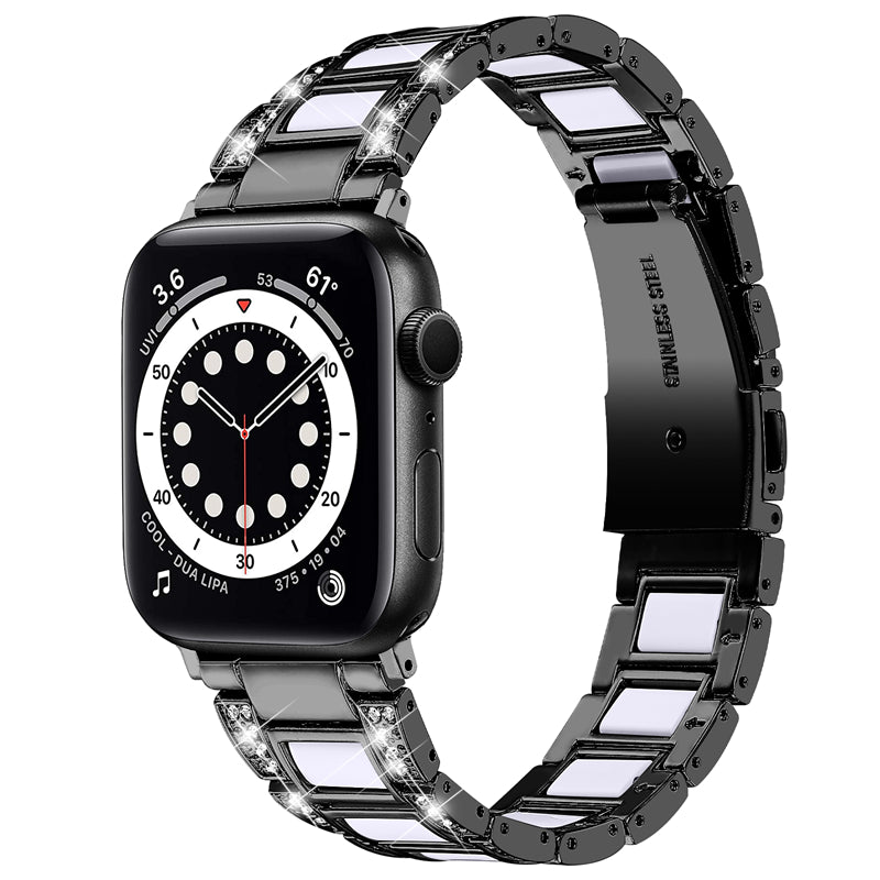 for Apple Watch Ultra 49mm / Series 8 45mm / Series 7 45mm / SE 44mm / SE (2022) 44mm / Series 6 / 5 / 4 44mm / Series 3 / 2 / 1 42mm Resin Stainless Steel Smart Watch Band Rhinestone Decor Wrist Strap - Black / White