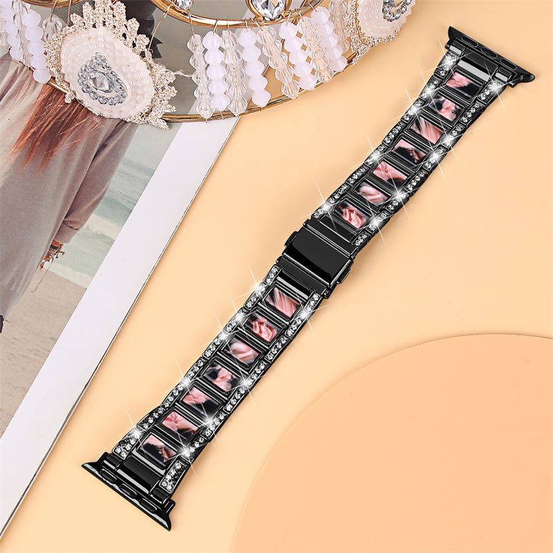 for Apple Watch Ultra 49mm / Series 8 45mm / Series 7 45mm / SE 44mm / SE (2022) 44mm / Series 6 / 5 / 4 44mm / Series 3 / 2 / 1 42mm Resin Stainless Steel Smart Watch Band Rhinestone Decor Wrist Strap - Black / Black Pink Mix