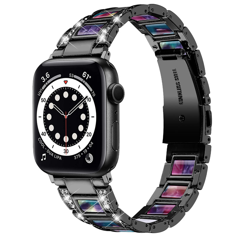 for Apple Watch Ultra 49mm / Series 8 45mm / Series 7 45mm / SE 44mm / SE (2022) 44mm / Series 6 / 5 / 4 44mm / Series 3 / 2 / 1 42mm Resin Stainless Steel Smart Watch Band Rhinestone Decor Wrist Strap - Black / Purple Green Mix